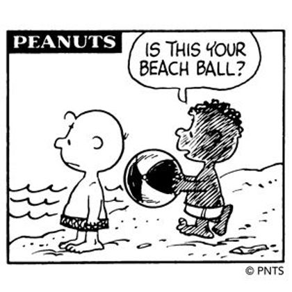 Peanuts cartoon panel "Is this your beach ball?"