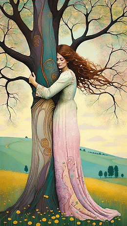 Illustration of woman hugging a tree