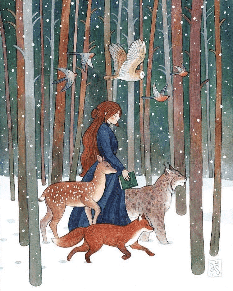 Woman walking in the woods accompanied by wild creatures